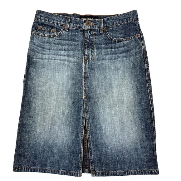 Express Y2K Low Rise Jean Skirt Size 5/6 Faded Denim Knee Length Bareback USA - Picture 1 of 9